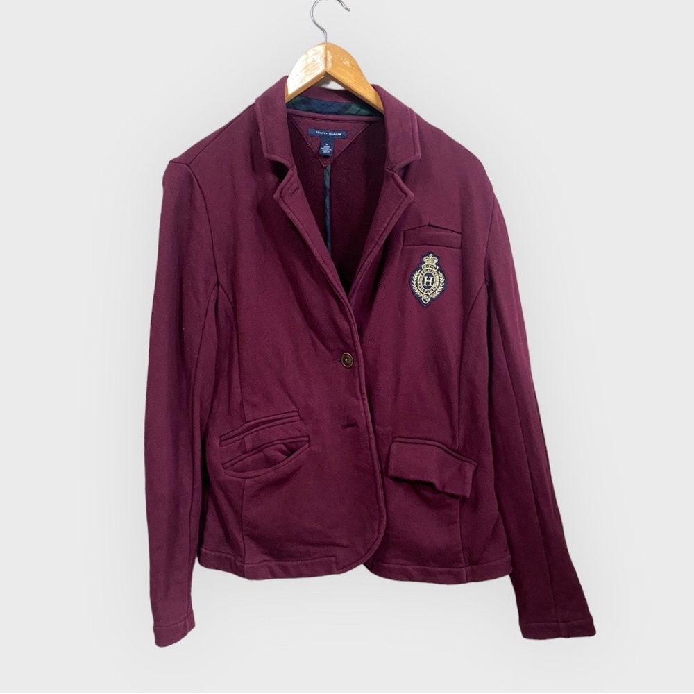 Tommy Hilfiger Burgundy Single Breasted 2 Button Front Plaid Elbow Patch Blazer